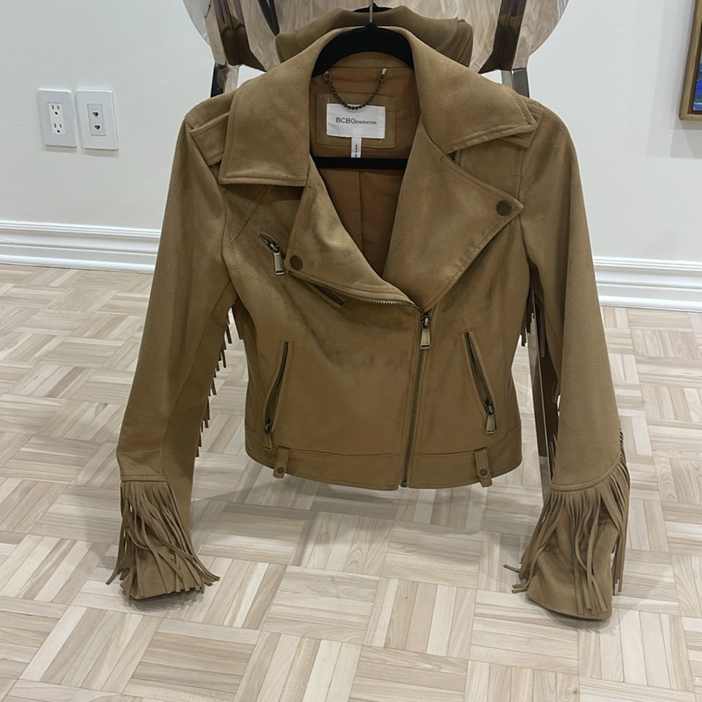 BCBGeneration faux suede fringed biker style jacket